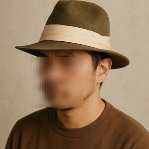 Vintage Wool Fedora Hat Made in England Green‎ Felt w/ Cream Band